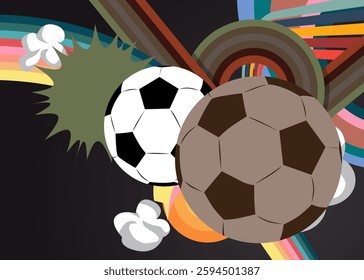 Retro 70s Background with Football Ball. Groovy Sport 1970s art template. Minimalistic Vintage design poster. Old-fashioned color artwork.