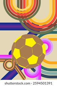 Retro 70s Background with Football Ball. Groovy Sport 1970s art template. Minimalistic Vintage design poster. Old-fashioned color artwork.