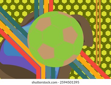 Retro 70s Background with Football Ball. Groovy Sport 1970s art template. Minimalistic Vintage design poster. Old-fashioned color artwork.