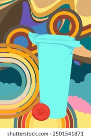 Retro 70s Background with Garbage Bin. Groovy Waste Disposal, 1970s art template. Minimalistic Vintage design poster. Old-fashioned color artwork.