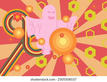 Retro 70s Background with Ghost. Groovy Halloween. 1970s art template. Minimalistic Vintage design poster. Old-fashioned color artwork.