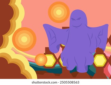 Retro 70s Background with Ghost. Groovy Halloween. 1970s art template. Minimalistic Vintage design poster. Old-fashioned color artwork.