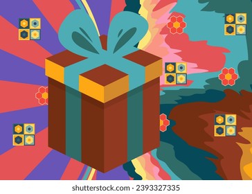 Retro 70s Background with gift box. Groovy Holiday. 1970s art template. Minimalistic Vintage design poster. Old-fashioned color artwork.