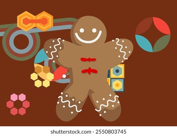 Retro 70er Jahre Hintergrund mit Lebkuchen Mann Weihnachtskeks. Groovy Dessert 1970er Jahre Kunstvorlage. Minimalistisches Vintage Design Poster. Alte Farbkunst.