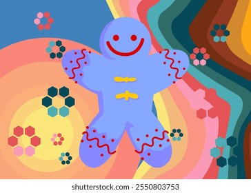 Retro 70s Background with Gingerbread Man Christmas Cookie. Groovy Dessert 1970s art template. Minimalistic Vintage design poster. Old-fashioned color artwork.