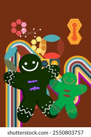 Retro 70s Fundo com biscoito de Natal Gingerbread Man. Groovy Sobremesa 1970 modelo de arte. Cartaz de design minimalista Vintage. Arte colorida antiquada.