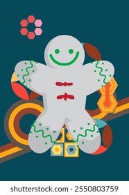 Retro 70s Background with Gingerbread Man Christmas Cookie. Groovy Dessert 1970s art template. Minimalistic Vintage design poster. Old-fashioned color artwork.