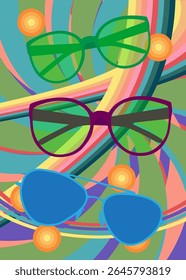 Retro 70s Background with Glasses. Groovy Fashion 1970s art template. Minimalistic Vintage design poster. Old-fashioned color artwork.