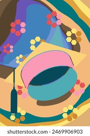 Retro 70s Background with Graduation Cap, mortar board. Groovy Education celebration. 1970s art template. Minimalistic Vintage design poster. Old-fashioned color artwork.