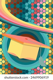 Retro 70s Background with Graduation Cap, mortar board. Groovy Education celebration. 1970s art template. Minimalistic Vintage design poster. Old-fashioned color artwork.