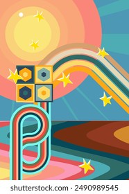 Retro 70s Background. Groovy 1970s art template. Minimalistic Vintage striped design poster. Old-fashioned rainbow color artwork.