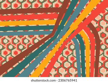 Retro 70er-Jahre-Hintergrund. Groovy abstrakte Kunstvorlage aus den 70er Jahren. Minimalistisches Vintage gestreiftes Design-Poster. Altmodische Regenbogen-Farbkunst.