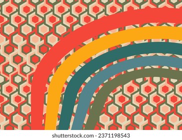 Retro 70s Background. Groovy abstract 1970s art template. Minimalistic Vintage striped design poster. Old-fashioned rainbow color artwork.