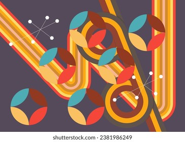 Retro 70s Background. Groovy abstract 1970s art template. Minimalistic Vintage striped design poster. Old-fashioned rainbow color artwork.