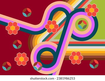 Retro 70s Background. Groovy abstract 1970s art template. Minimalistic Vintage striped design poster. Old-fashioned rainbow color artwork.