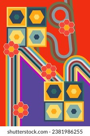 Retro 70s Background. Groovy abstract 1970s art template. Minimalistic Vintage striped design poster. Old-fashioned rainbow color artwork.