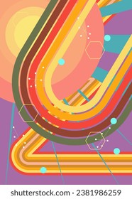 Retro 70s Background. Groovy abstract 1970s art template. Minimalistic Vintage striped design poster. Old-fashioned rainbow color artwork.