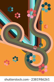 Retro 70s Background. Groovy abstract 1970s art template. Minimalistic Vintage striped design poster. Old-fashioned rainbow color artwork.