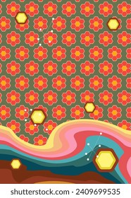 Retro 70s Background. Groovy abstract 1970s art template. Minimalistic Vintage striped design poster. Old-fashioned rainbow color artwork.