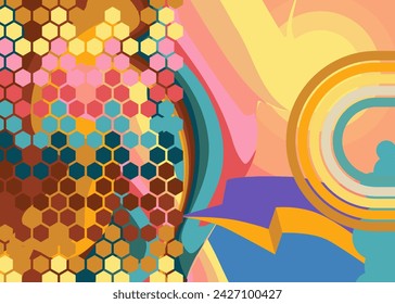 Retro 70s Background. Groovy abstract 1970s art template. Vintage design poster. Old-fashioned abstract artwork.