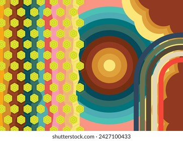 Retro 70s Background. Groovy abstract 1970s art template. Vintage design poster. Old-fashioned abstract artwork.