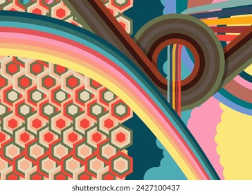 Retro 70s Background. Groovy abstract 1970s art template. Vintage design poster. Old-fashioned abstract artwork.