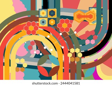 Retro 70s Background. Groovy abstract 1970s art template. Minimalistic Vintage striped design poster. Old-fashioned rainbow color artwork.