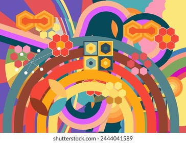 Retro 70s Background. Groovy abstract 1970s art template. Minimalistic Vintage striped design poster. Old-fashioned rainbow color artwork.