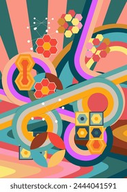 Retro 70s Background. Groovy abstract 1970s art template. Minimalistic Vintage striped design poster. Old-fashioned rainbow color artwork.