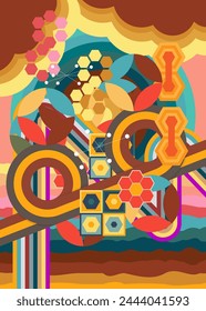 Retro 70s Background. Groovy abstract 1970s art template. Minimalistic Vintage striped design poster. Old-fashioned rainbow color artwork.