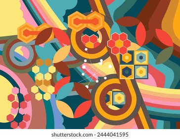 Retro 70s Background. Groovy abstract 1970s art template. Minimalistic Vintage striped design poster. Old-fashioned rainbow color artwork.
