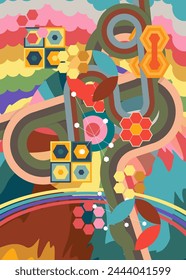 Retro 70s Background. Groovy abstract 1970s art template. Minimalistic Vintage striped design poster. Old-fashioned rainbow color artwork.