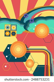 Retro 70s Background. Groovy abstract 1970s art template. Minimalistic Vintage striped design poster. Old-fashioned rainbow color artwork.