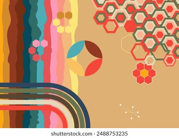 Retro 70s Background. Groovy abstract 1970s art template. Minimalistic Vintage striped design poster. Old-fashioned rainbow color artwork.