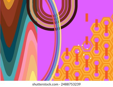 Fondo retro de los años 70. Plantilla artística abstracta de los años 70. Póster minimalista de diseño a rayas de Antiguas. Obra de arte en color arcoíris a la antigua.