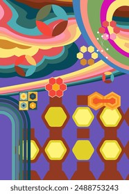 Retro 70s Background. Groovy abstract 1970s art template. Minimalistic Vintage striped design poster. Old-fashioned rainbow color artwork.