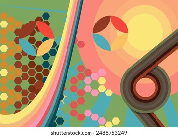 Retro 70s Background. Groovy abstract 1970s art template. Minimalistic Vintage striped design poster. Old-fashioned rainbow color artwork.