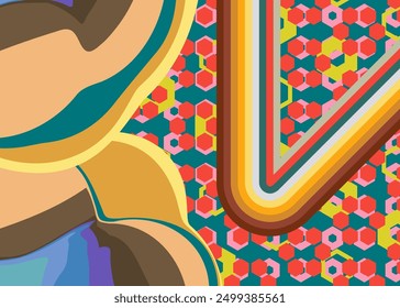 Retro 70s Background. Groovy abstract 1970s art template. Minimalistic Vintage striped design poster. Old-fashioned rainbow color artwork.