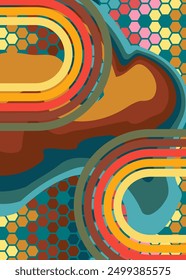Fondo retro de los años 70. Groovy abstracto 1970 Plantilla de arte. Cartel minimalista de diseño de rayas de Antiguas. Antiguo arco iris de color de arte.