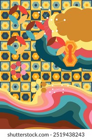 Antecedentes dos anos 70. Groovy abstrato 1970 modelo de arte. Cartaz de design listrado minimalista Vintage. Arco-íris à moda antiga arte de cor.