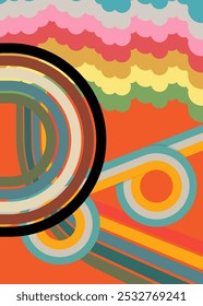 Retro 70s Background. Groovy abstract 1970s art template. Minimalistic Vintage striped design poster. Old-fashioned rainbow color artwork.