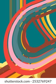 Retro 70s-Hintergrund. Groovy abstrakte 1970er Jahre Kunstvorlage. Minimalistisches Vintage gestreiftes Design-Poster. Alte Regenbogenfarben.