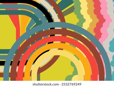 Retro 70s Background. Groovy abstract 1970s art template. Minimalistic Vintage striped design poster. Old-fashioned rainbow color artwork.