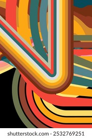 Retro 70s Background. Groovy abstract 1970s art template. Minimalistic Vintage striped design poster. Old-fashioned rainbow color artwork.