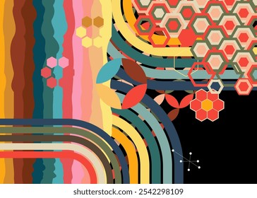 Retro 70s Background. Groovy abstract 1970s art template. Minimalistic Vintage striped design poster. Old-fashioned rainbow color artwork.