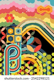 Retro 70s Background. Groovy abstract 1970s art template. Minimalistic Vintage striped design poster. Old-fashioned rainbow color artwork.