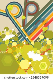 Retro 70s-Hintergrund. Groovy abstrakte 1970er Jahre Kunstvorlage. Minimalistisches Vintage gestreiftes Design-Poster. Alte Regenbogenfarben.