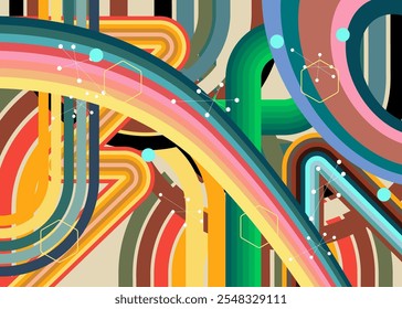 Retro 70s Background. Groovy abstract 1970s art template. Minimalistic Vintage striped design poster. Old-fashioned rainbow color artwork.