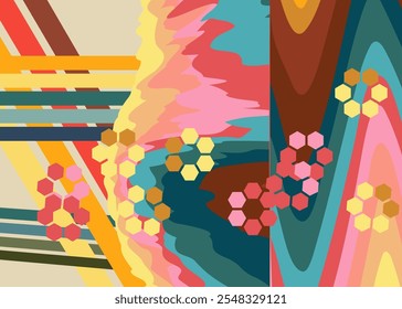 Fondo retro de los años 70. Groovy abstracto 1970 Plantilla de arte. Cartel minimalista de diseño de rayas de Antiguas. Antiguo arco iris de color de arte.