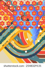 Retro 70s Background. Groovy abstract 1970s art template. Minimalistic Vintage striped design poster. Old-fashioned rainbow color artwork.